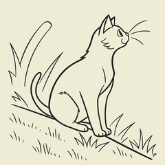 Simple line drawing of a cat sitting in grass