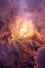 Frost patterns on glass glowing in warm winter sunrise