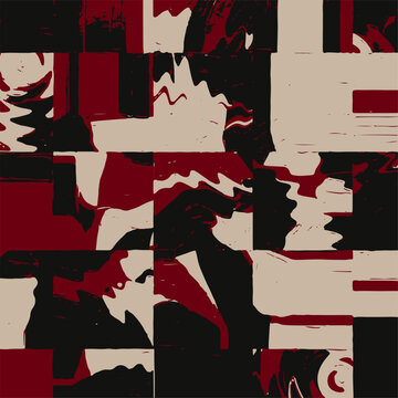 Abstract Geometric Glitch Pattern. Seamless Red and Black Marble Background. Retro Future Digital Collage. Burgundy and Cream Abstract Shapes Wallpaper. Geometric Pattern. 