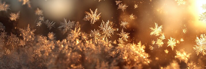 Frost patterns on glass glowing in warm winter sunrise
