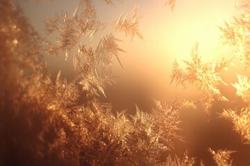 Frost patterns on glass glowing in warm winter sunrise