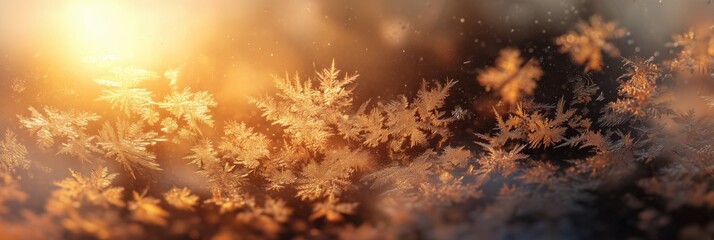 Frost patterns on glass glowing in warm winter sunrise
