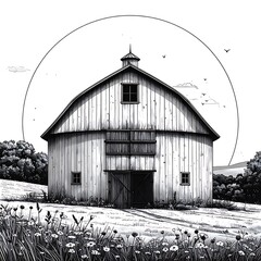 Detailed grayscale illustration of a round barn in a field with grass and flowers, under a bright sun