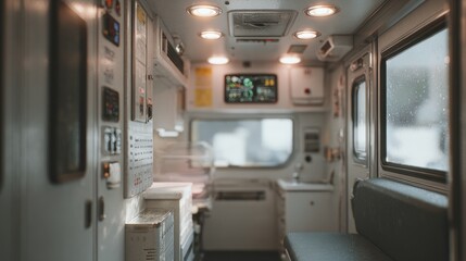 Fototapeta premium The interior of a train car, specifically the control panel on the left side of the image.