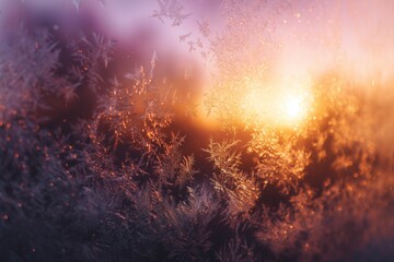 Frost patterns on glass glowing in warm winter sunrise