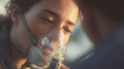 Young woman wearing an oxygen mask. she is looking down at the mask with a serious expression on her face. the mask is made of clear plastic and has an adjustable strap around her neck.
