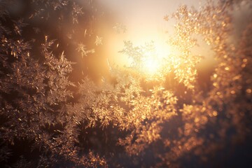 Frost patterns on glass glowing in warm winter sunrise