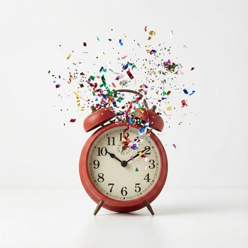 Alarm clock with exploding confetti celebration
