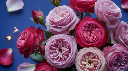 Elegant arrangement of pink and red roses scattered on a vibrant blue background