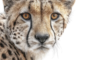 Obraz premium Close-up of a cheetah portrait showing intense golden eyes, detailed spotted fur patterns, and alert expression in natural sunlight isolated on white background