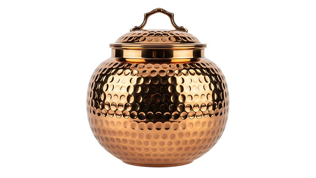 Hammered copper water pot with lid, traditional indian utensil isolated on transparent background
