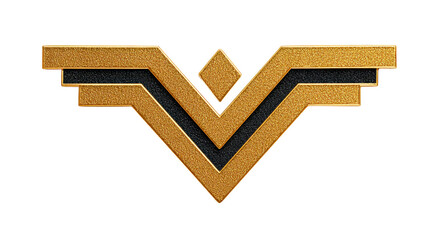 Gold geometric emblem with diamond shape, metallic texture, and angular lines, symbolizing strength and achievement, isolated on transparent background, modern and bold design