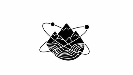 Abstract mountain landscape with flowing water and orbiting planets, symbolizing nature and cosmic connection.