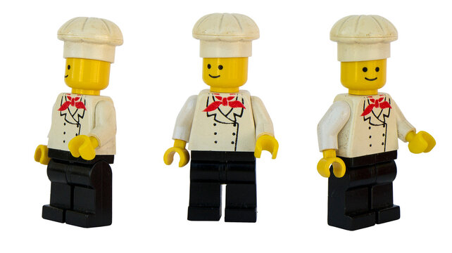 Figura de cocinero de LEGO oficial. Tres posturas. Imagen aislada
