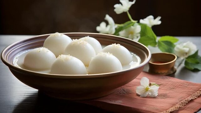 Steamed rasgulla served with floral decor  