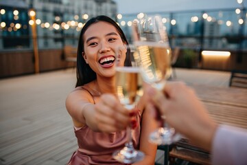 Young woman toasting champagne on rooftop celebrating a career milestone