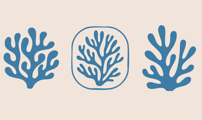 Vector Sea Coral Icon Set. Boho Seaweed, Reef Silhouettes. Matisse Style Ocean Simple Plant. Coastal Summer Beach Illustration for Print, Poster, Logo. Naive Art Coral Set. Reef, Algae Organic Shape