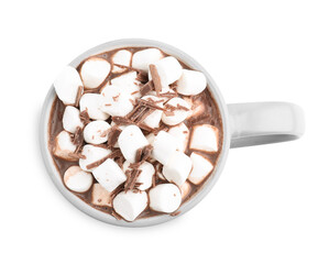 Hot cocoa with marshmallows and chocolate shavings in cup isolated on white, top view