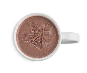 Hot cocoa with chocolate shavings in cup isolated on white, top view