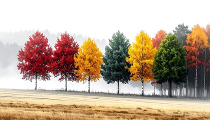 Colorful row of trees in autumn, foggy forest background, grassy field foreground, bright