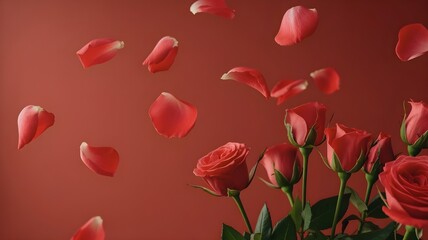 Floating red rose petals against a rich monochromatic red background creating a romantic mood