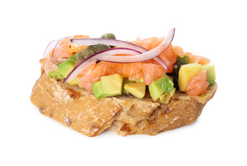Delicious bruschetta with salmon, avocado, capers and onion isolated on white