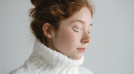Close-up portrait of a young woman's face. she has red curly hair that is styled in a messy bun and is wearing a white turtleneck sweater.