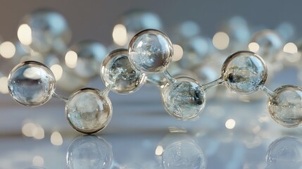 Transparent glass molecular structure with connected spheres, reflecting light against soft bokeh background. Represents science, chemistry, molecular model, glass design, modern research