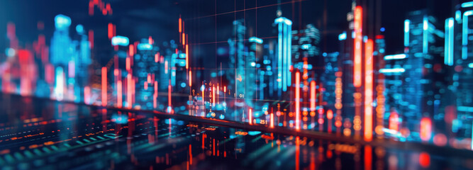 Cyber City's Financial Pulse: An artistic view of a modern cityscape, its skyscrapers illuminated with a symphony of data streams, reflecting the dynamism of the financial world.