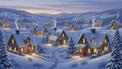 Cozy winter village nestled among snow covered mountains at twilight