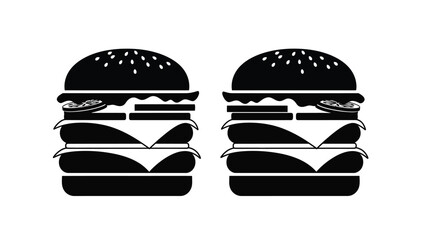 Two black and white illustrations of stacked cheeseburgers presented side by side