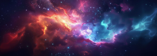 Fototapeta premium Cosmic Symphony: Witness the breathtaking dance of celestial dust and gases in a vibrant explosion of color, where nebulae ignite, painting the canvas of space with awe-inspiring beauty.