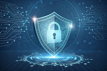 Digital shield with glowing padlock and circuit board patterns representing cybersecurity and data protection