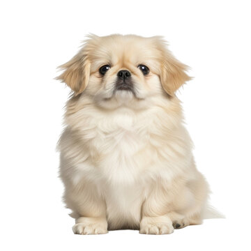 Pekingese dog sitting with fluffy cream fur puppy