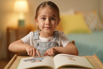Young girl reading a colorful picture book at a cozy table for Children's Book Day