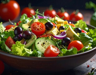 Colorful salad with lettuce, tomatoes, olives, avocado, onion, and cheese in a bowl. Fresh and healthy