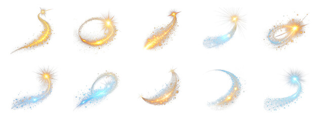 Collection of Glowing particle trail isolated on transparent background