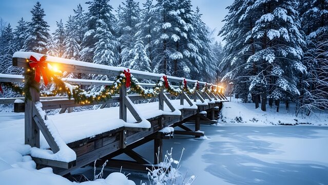 Snow covered wooden bridge illuminated at night in a winter forest - Powered by Adobe