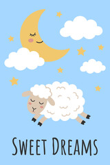 Cute Vector Illustration of Sleepy Sheep Flying in the Sky with Stars and Moon for Sweet Dreams Nursery Poster or Card Design.