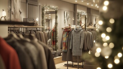 Naklejka premium Winter clothing store displays warm garments and holiday decorations in a cozy shopping environment
