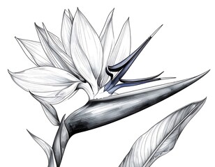 Detailed, greyscale drawing of a bird of paradise flower with a touch of blue on stamens against a white background