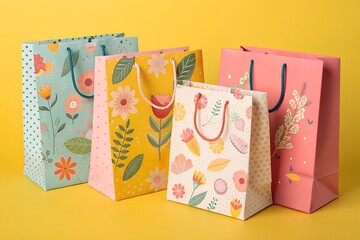 Four Colorful Floral Print Paper Gift Bags on Bright Yellow Background for Shopping and Spring Concept. Colorful shopping bags
