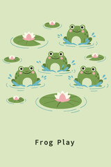 Frog Play Cute Cartoon Green Frogs and Water Lilies Floating in a Pond for Spring or Nature Poster Design.