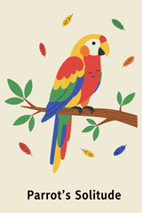 Parrot's Solitude Colorful Cartoon Macaw Sitting on a Tree Branch Surrounded by Floating Feathers and Leaves.