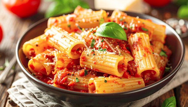 Four-cheese rigatoni pasta with sausage in tomato sauce, macro shot. AI