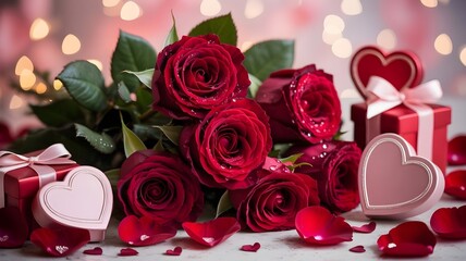 Romantic arrangement of red roses with gifts and hearts for valentines day