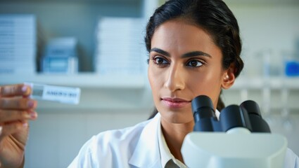 Scientist examining DNA sample on slide with microscope in modern laboratory