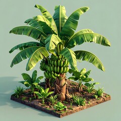Detailed illustration of a banana tree on a small patch of earth against a solid background