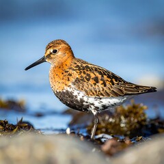 Colorful sandpiper bird stands poised at the water's edge, speckled brown and white plumage in bright daylight