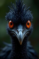 Potret close-up burung hitam dengan jambul runcing dan mata oranye menyala yang intens, menatap tajam dari kegelapan hutan.